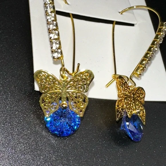 Betsey Johnson Gold and Blue Butterfly Drop Earrings - Picture 2 of 4